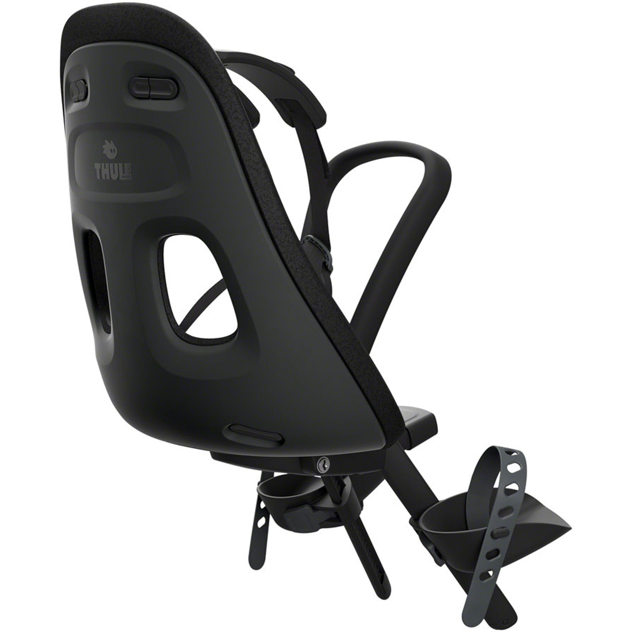 Obsidian gray bike child seat with Thule branding and side harness straps