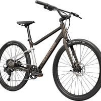 Mountain bicycle with front suspension fork, black tires, and front disc brake