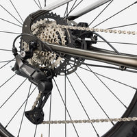Mountain bicycle rear drivetrain with chain, cassette, and rear disc brake