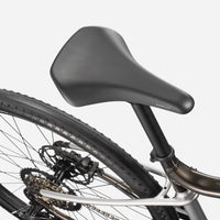 Mountain bicycle saddle and front wheel with knobby tires