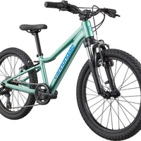 Kids trail bicycle in teal with black tires and front suspension fork