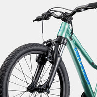 Kids trail bicycle front half with teal frame and knobby front wheel