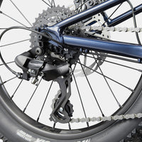 Blue kids bike drivetrain with rear derailleur, chain, and disc brake