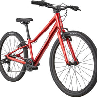 Kids red 24-inch mountain bike with black saddle and front suspension fork