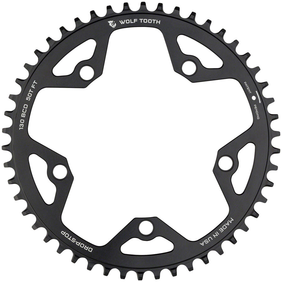 Wolf Tooth 130 BCD Road Cyclocross Chainring - 52t 130 BCD 5-Bolt Drop-Stop 10/11/12-Speed Eagle Flattop Compatible BLK - Bicycle Warehouse