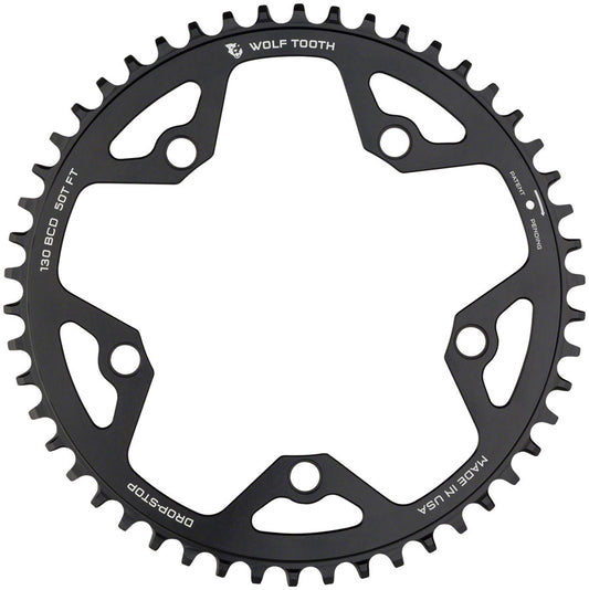 Wolf Tooth 130 BCD Road Cyclocross Chainring - 52t 130 BCD 5-Bolt Drop-Stop 10/11/12-Speed Eagle Flattop Compatible BLK - Bicycle Warehouse