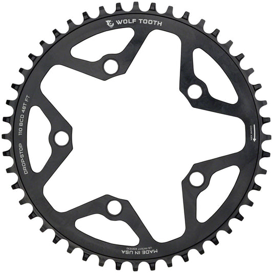 Wolf Tooth 110 BCD Cyclocross Road Chainring - 48t 110 BCD 5-Bolt Drop-Stop 10/11/12-Speed Eagle Flattop Compatible BLK - Bicycle Warehouse