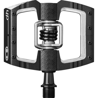 Black downhill bicycle pedal with black grip pads and spring core