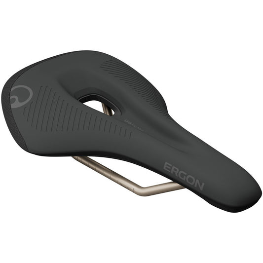 Black bicycle saddle with ERGON logo and metal rails, contoured cutout