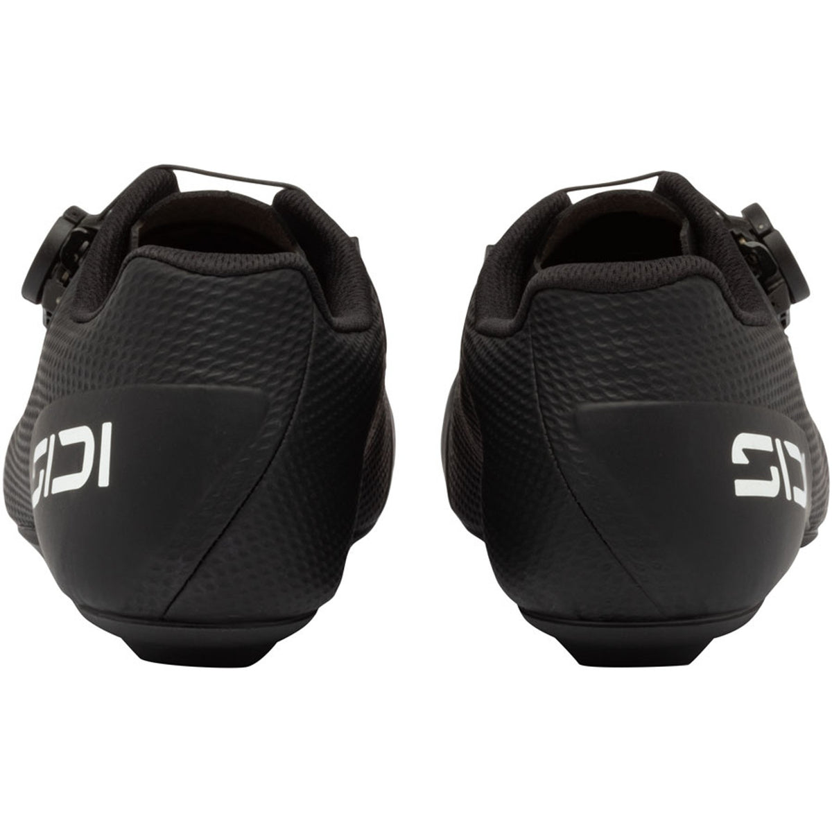 Black cycling shoe pair rear view with heel padding and strap hardware