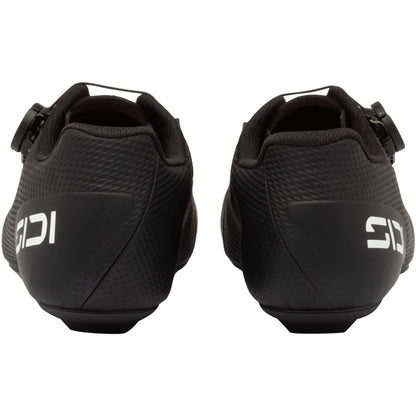 Black cycling shoe pair rear view with heel padding and strap hardware