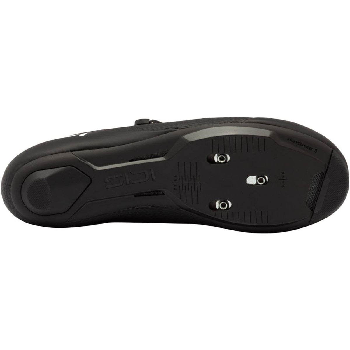 Black cycling shoe sole with cleat mounting plates and tread pattern