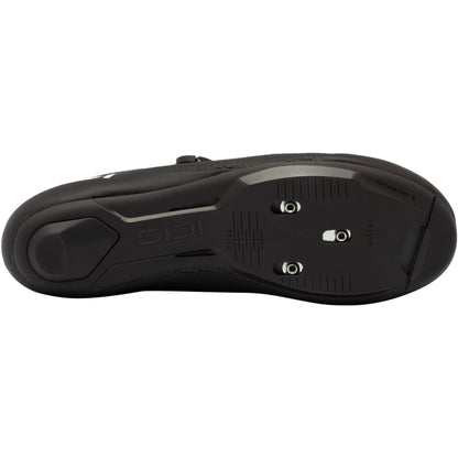 Black cycling shoe sole with cleat mounting plates and tread pattern