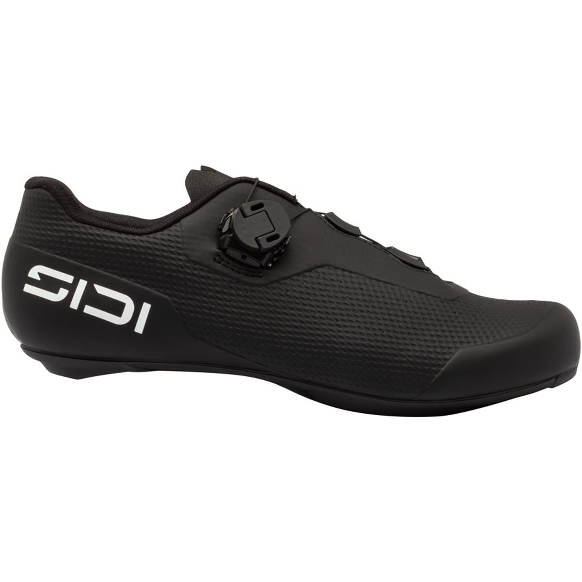 Black road cycling shoe with SPD-style cleat and adjustable strap closure