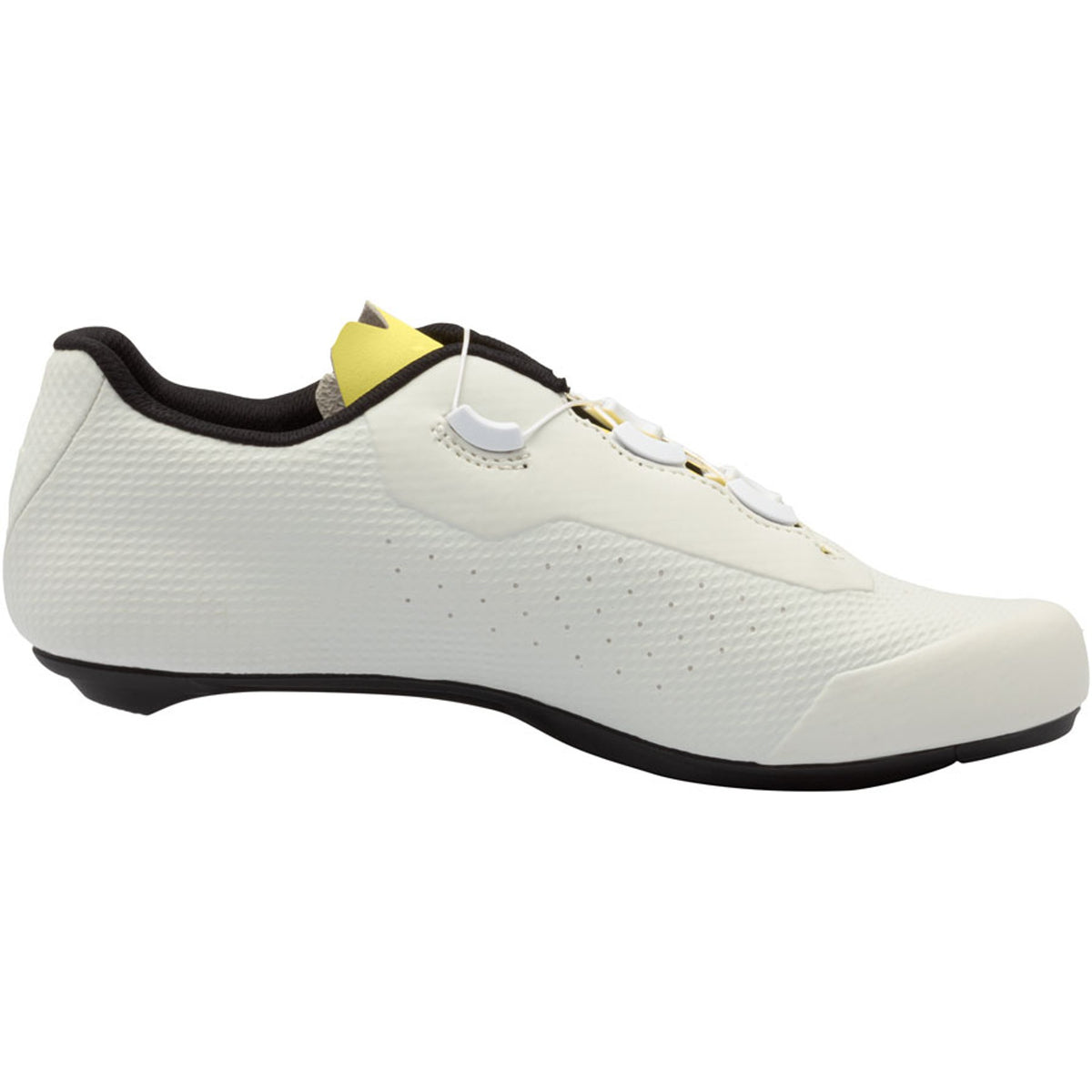 White road cycling shoe with yellow trim, three-buckle straps, black sole