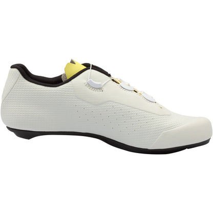 White road cycling shoe with yellow trim, three-buckle straps, black sole