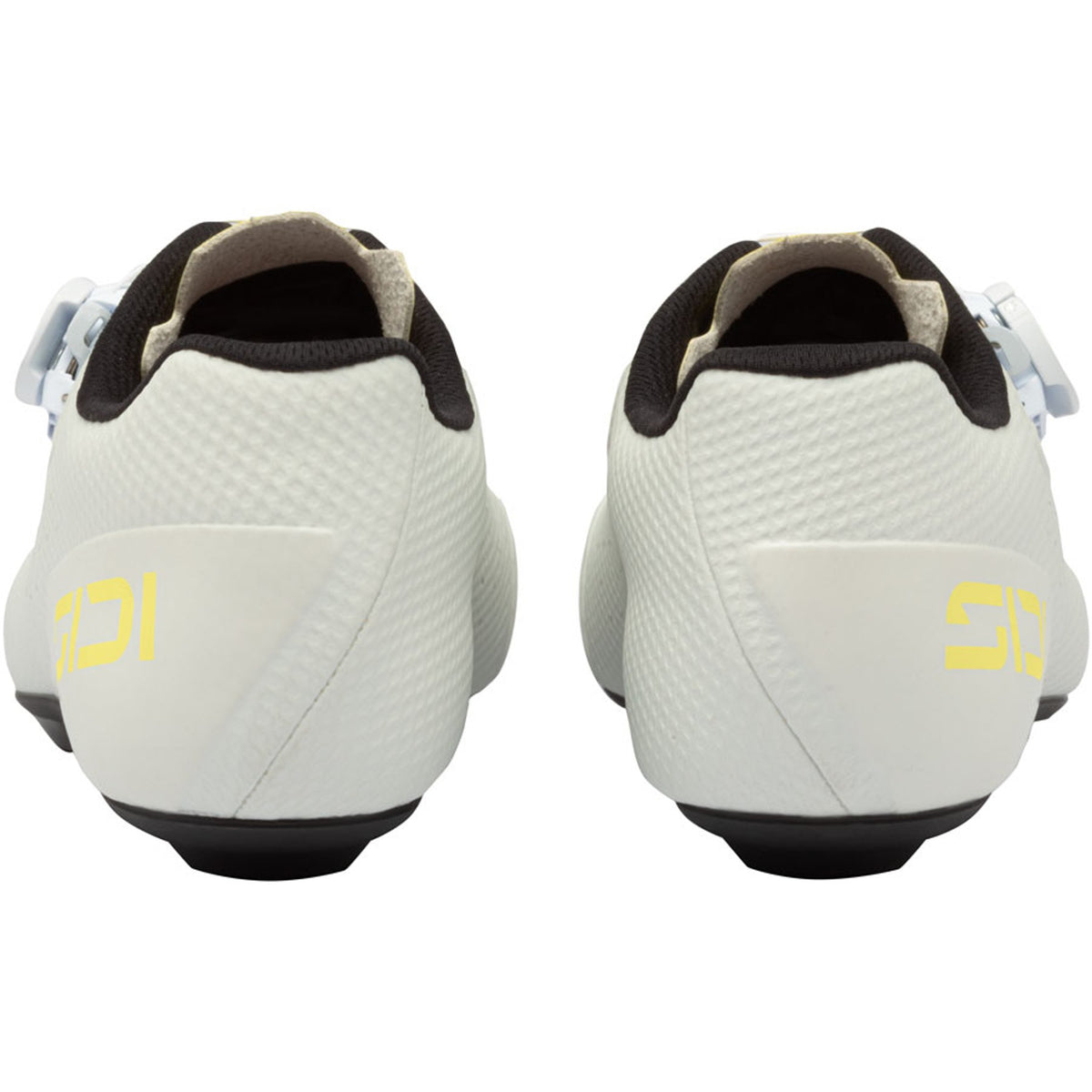 White cycling shoes, heel and back view, gray lining, black outsole, yellow logo