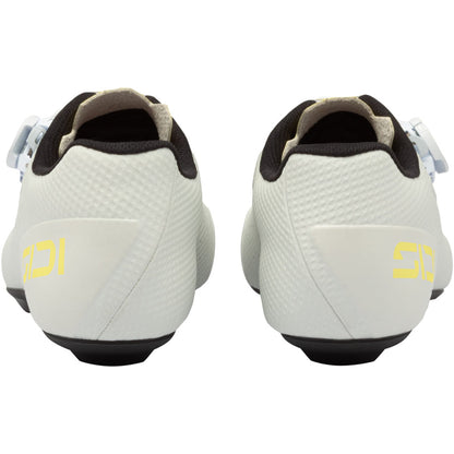 White cycling shoes, heel and back view, gray lining, black outsole, yellow logo