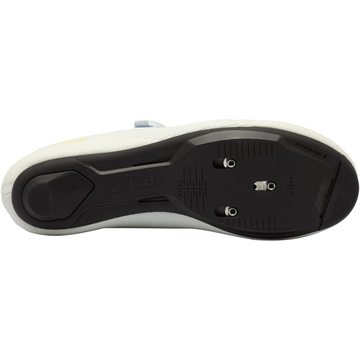 White cycling shoe sole, tread pattern, black outsole with mounting hardware