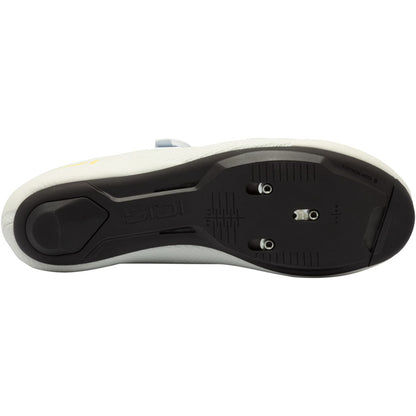 White cycling shoe sole, tread pattern, black outsole with mounting hardware
