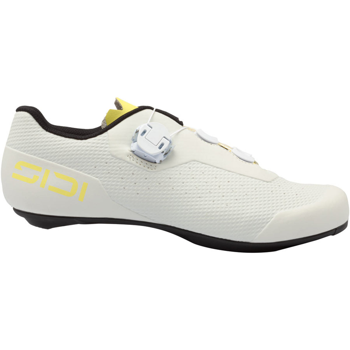 Ice white road cycling shoe with yellow accents, dial closure, and black sole