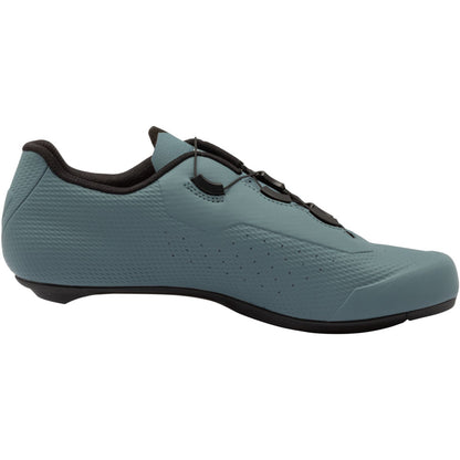 Road cycling shoe, teal-blue mesh upper with black heel tab and lace closure
