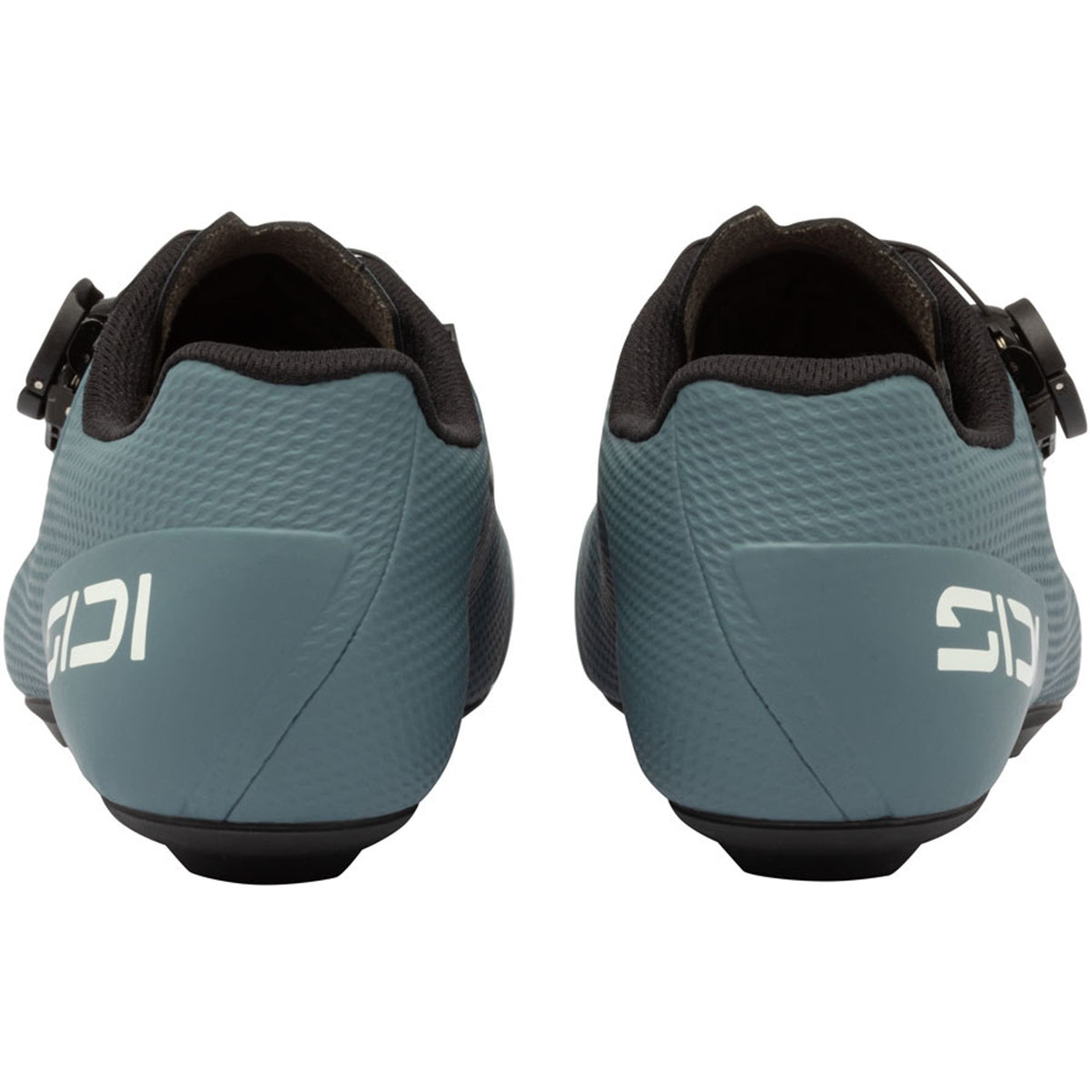 Road cycling shoe heel view, teal-blue back with black collar padding and logo