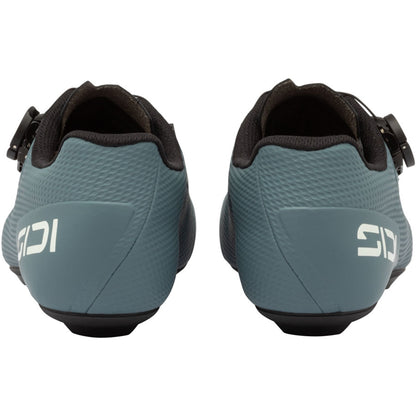 Road cycling shoe heel view, teal-blue back with black collar padding and logo