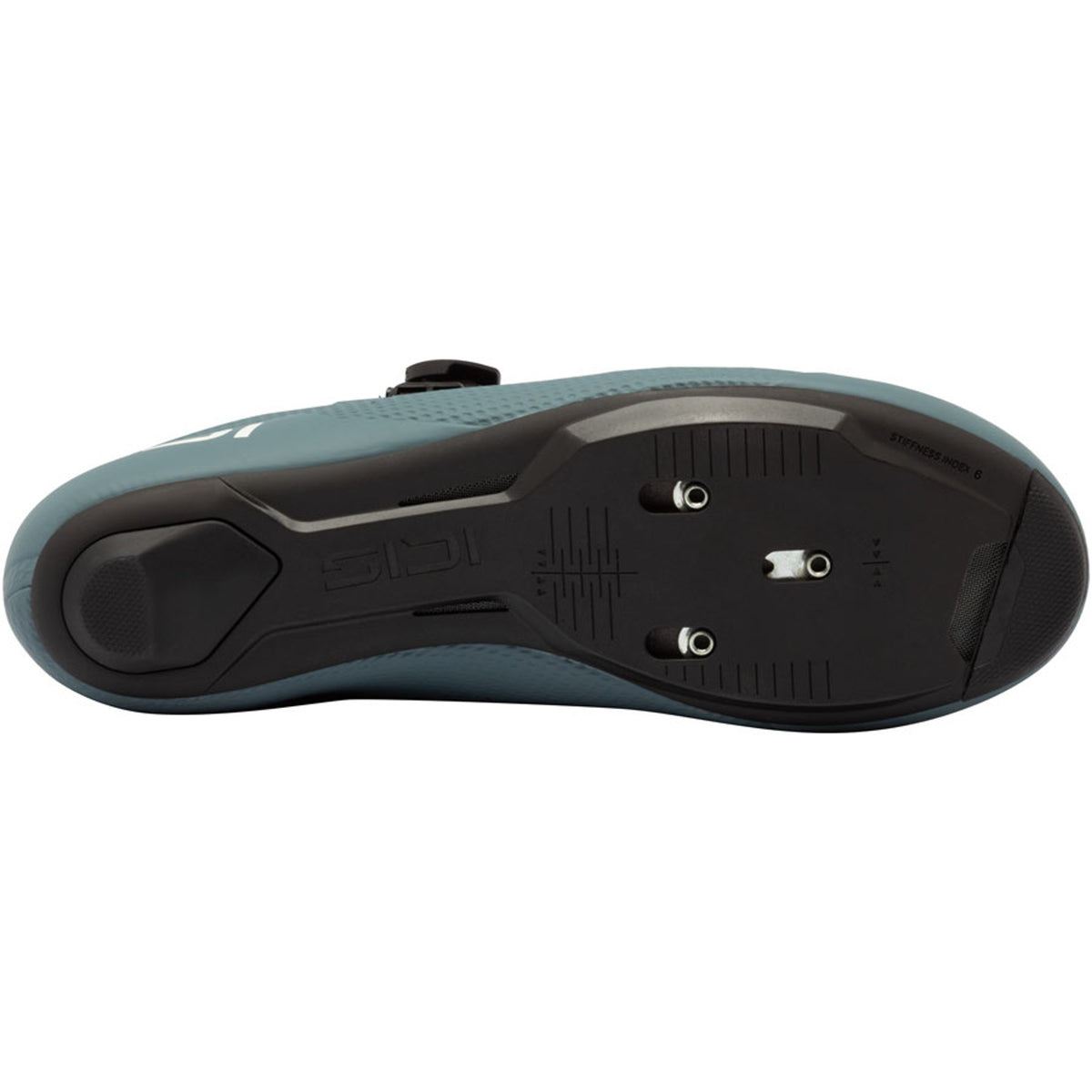 Road cycling shoe bottom view with black cleat plate and textured tread