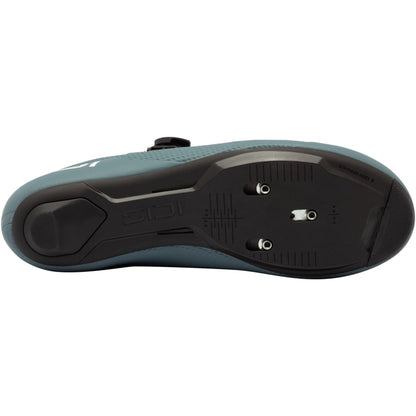 Road cycling shoe bottom view with black cleat plate and textured tread