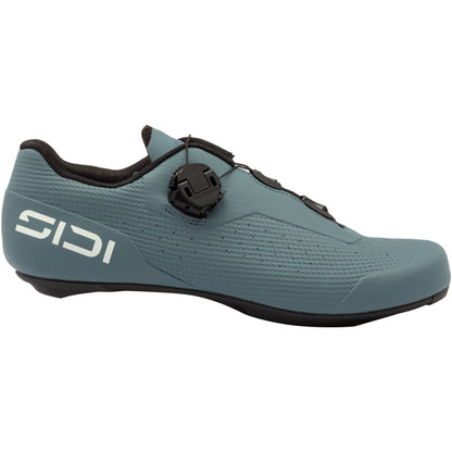 Road cycling shoe, teal-blue with white logo, lace closure and black outsole