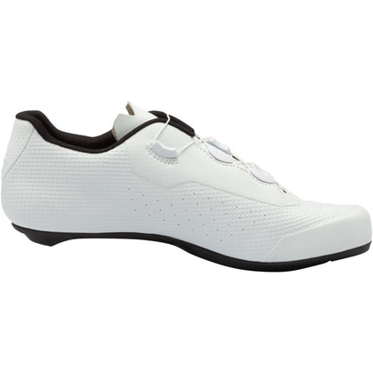 White road cycling shoe with strap closure and black sole edge, front three-quarter view