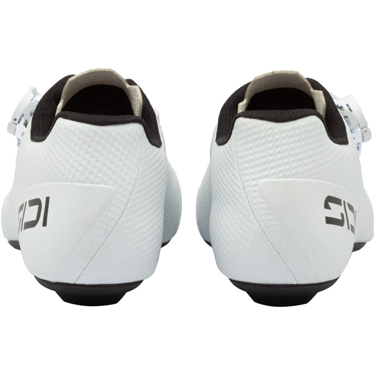 White cycling shoe pair back view with black heel accents and BOA-style closure