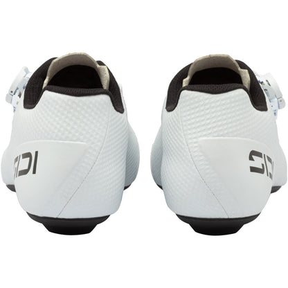 White cycling shoe pair back view with black heel accents and BOA-style closure