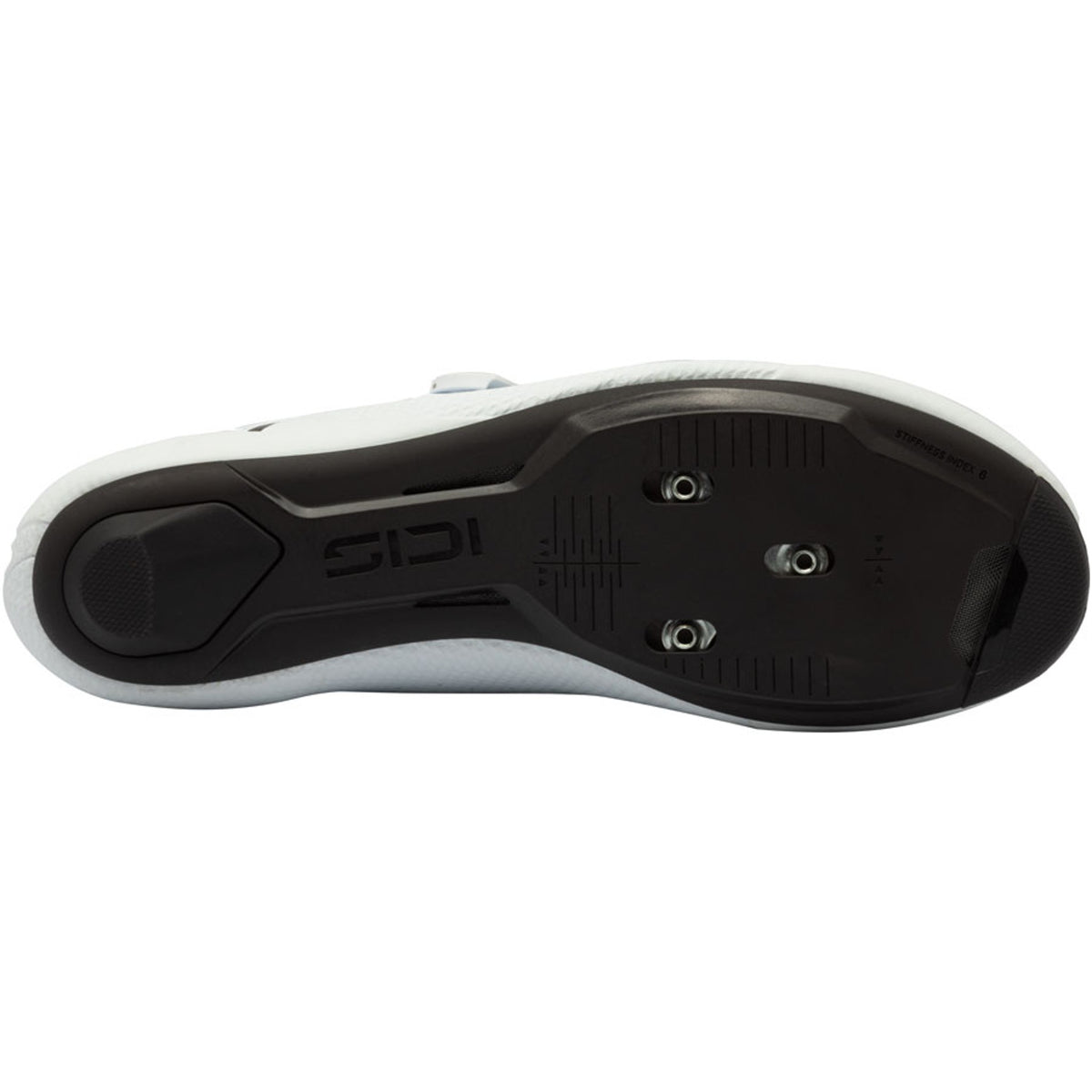 White cycling shoe outsole with cleat mounting holes, black tread underside view