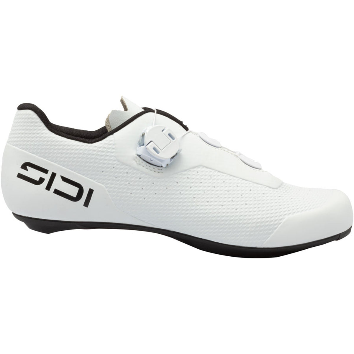 White road cycling shoe with BOA-style closure and black sole, side view