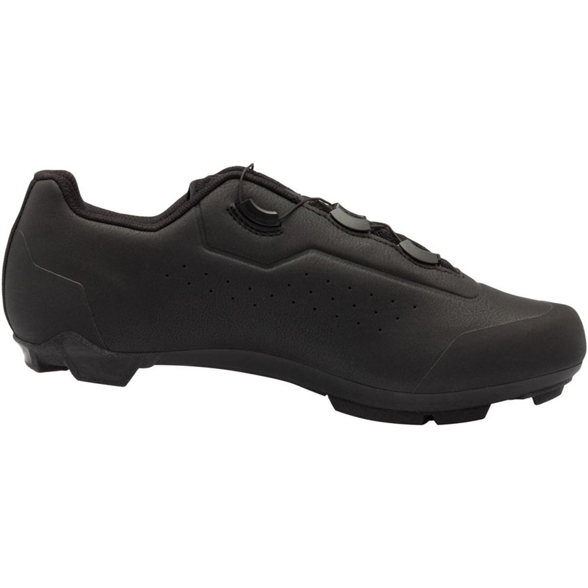 Black clipless cycling shoe side profile with adjustable strap and treaded sole