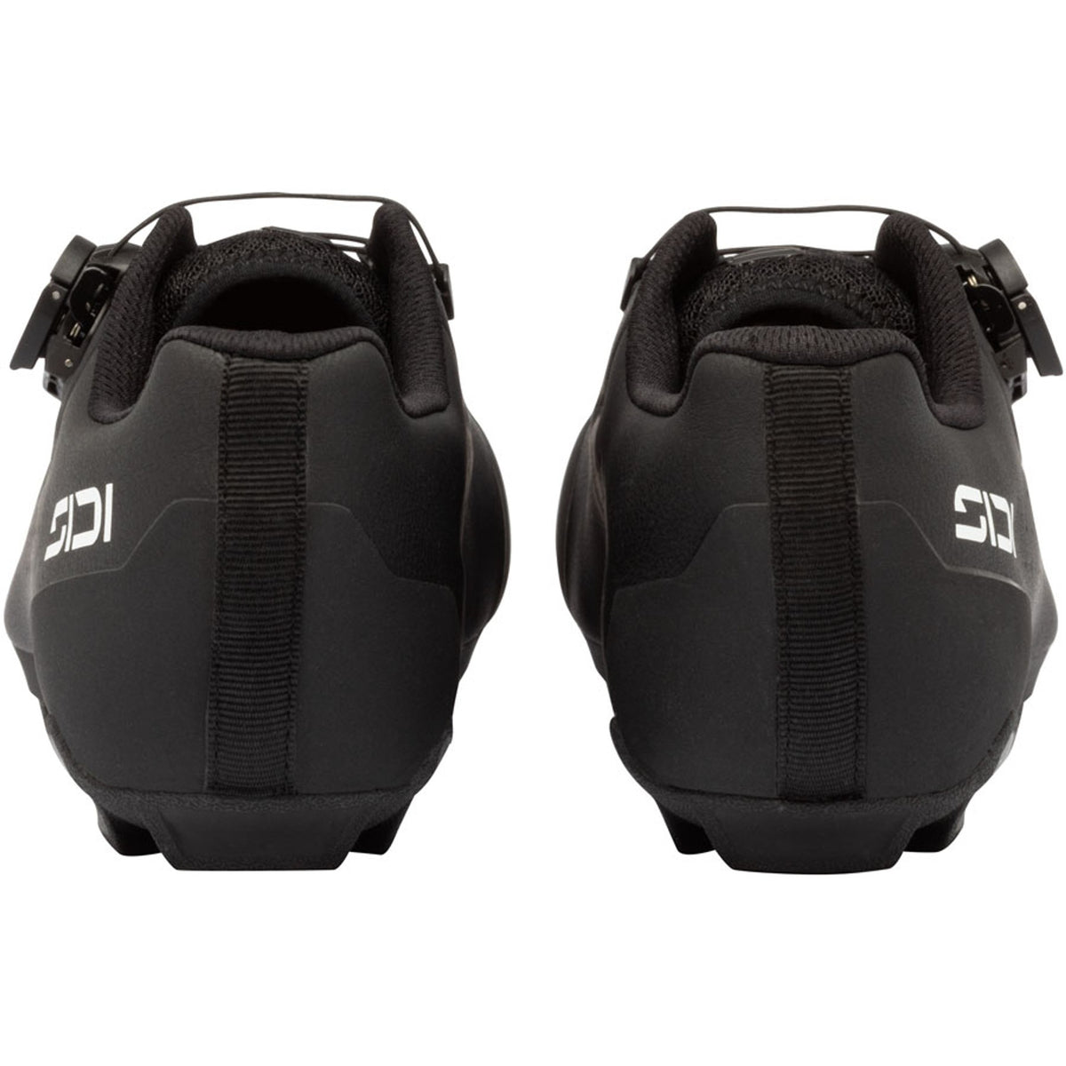 Black clipless cycling shoe heel view with rear strap and elastic collar