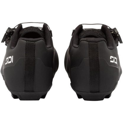 Black clipless cycling shoe heel view with rear strap and elastic collar