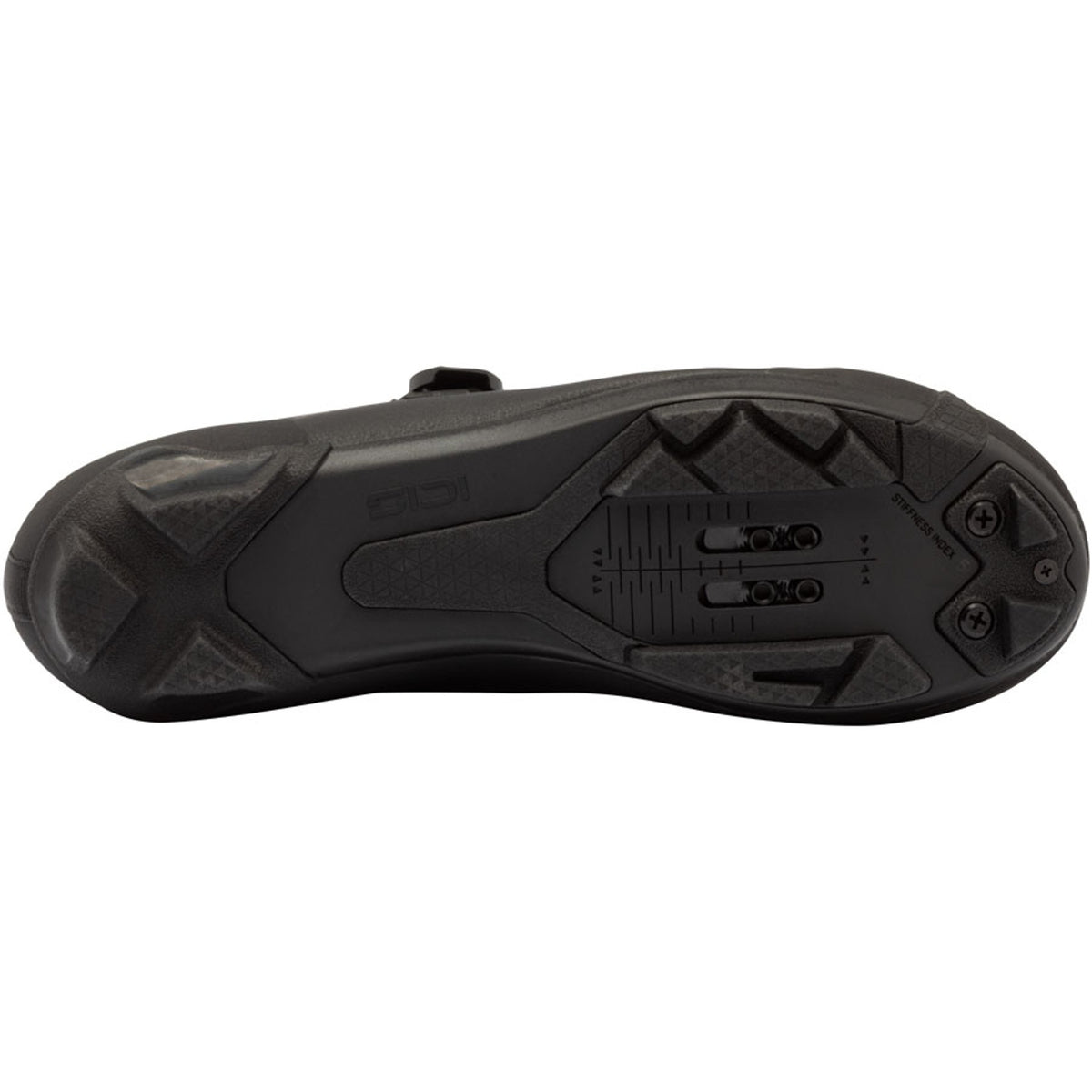 Black cycling shoe outsole with cleat mount and textured traction tread