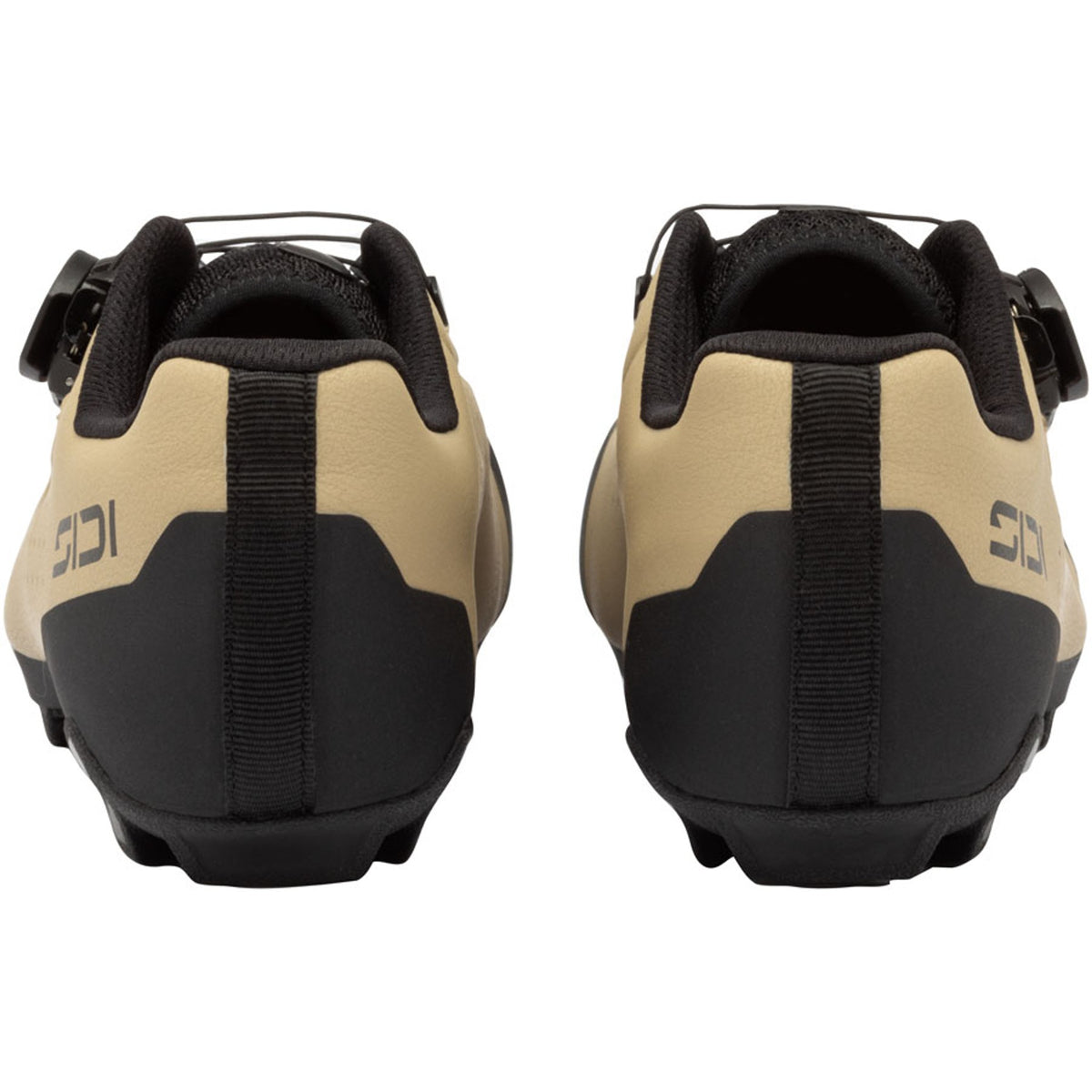 Liinea XC clipless cycling shoe heel view, black straps with dark sand panels