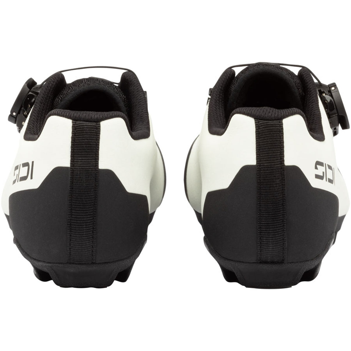 Ice white clipless cycling shoes, rear view with black heel caps and instep straps