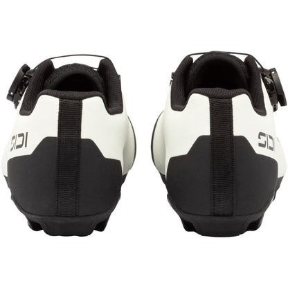 Ice white clipless cycling shoes, rear view with black heel caps and instep straps