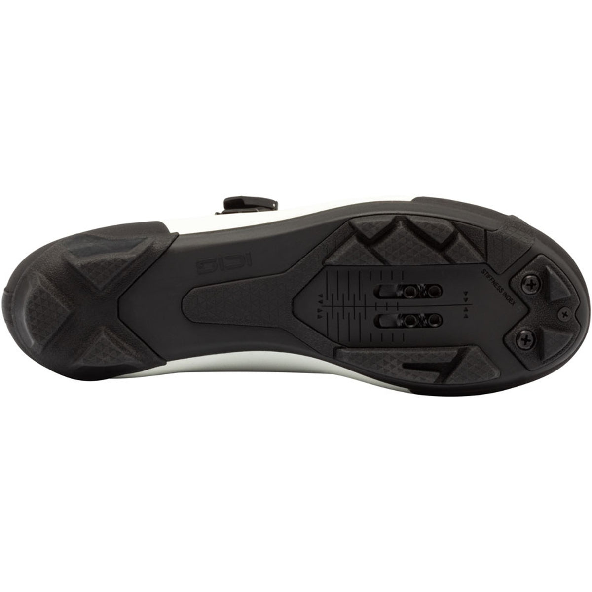 Ice white clipless cycling shoe outsole with rugged tread and cleat hardware