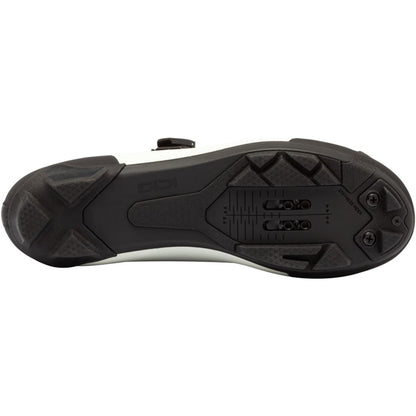 Ice white clipless cycling shoe outsole with rugged tread and cleat hardware