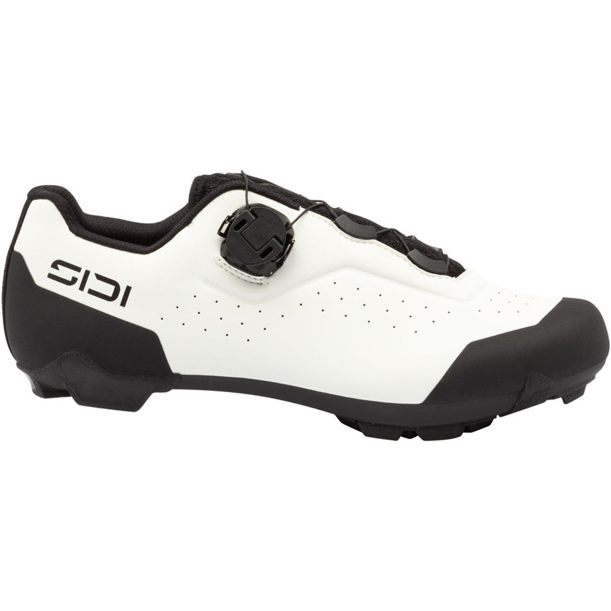 Ice white clipless cycling shoe with black toe/heel, side logo, cleat mount