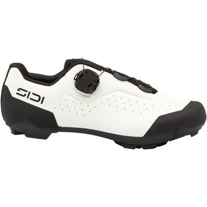 Ice white clipless cycling shoe with black toe/heel, side logo, cleat mount