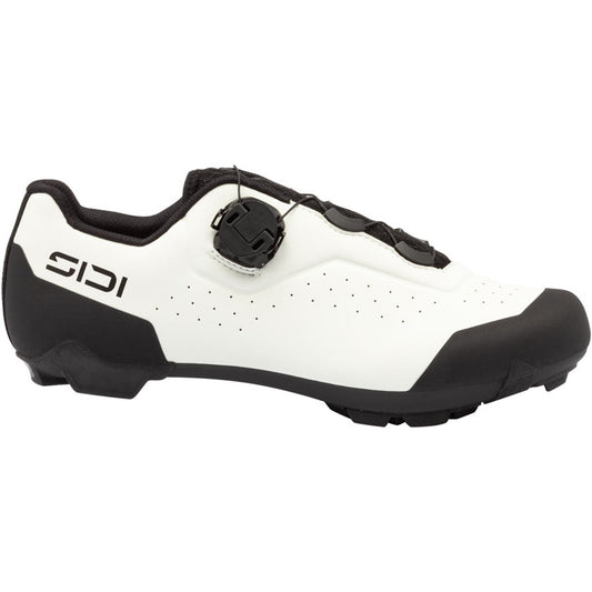 Ice white clipless cycling shoe with black toe/heel, side logo, cleat mount