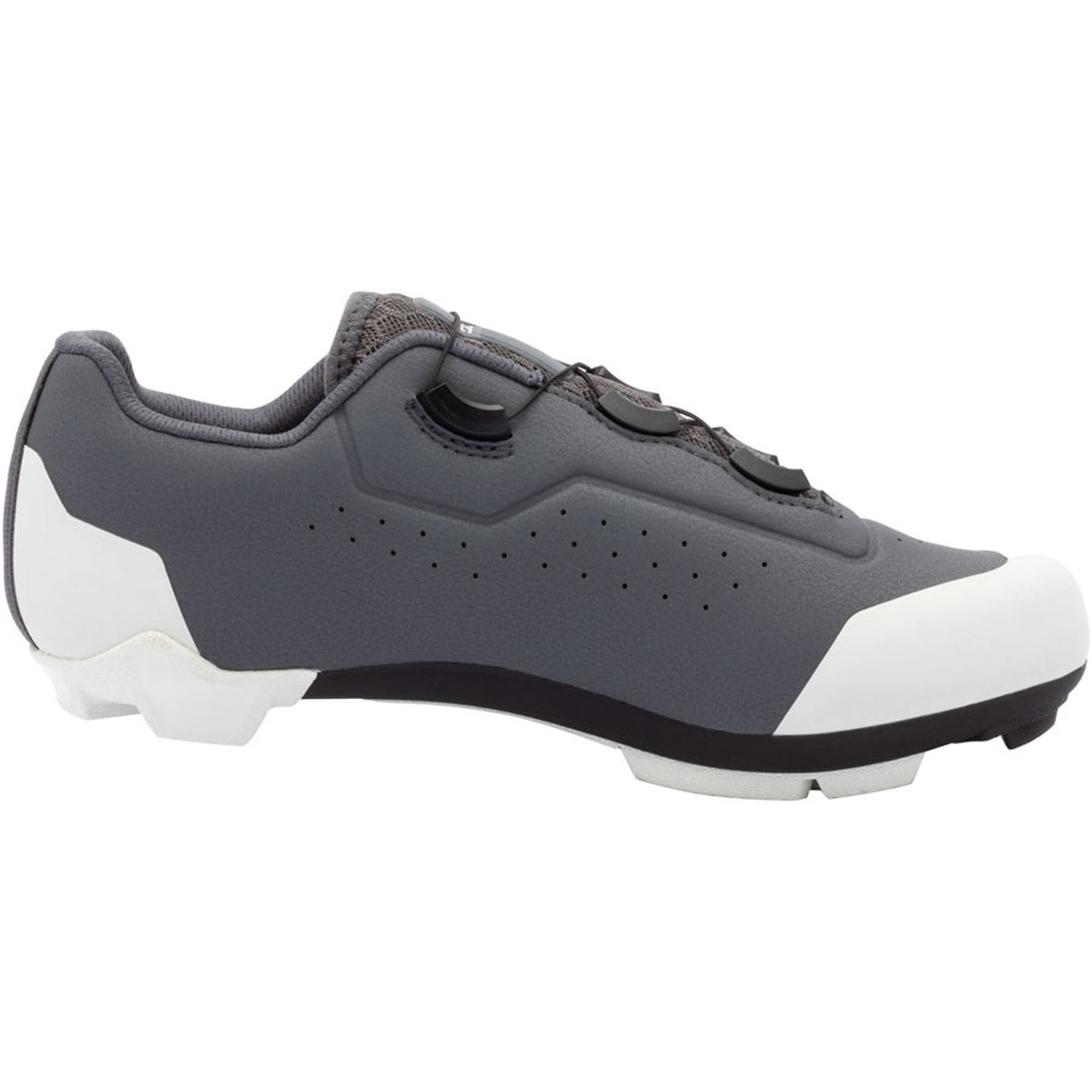 Women’s dark gray clipless cycling shoe with white side panel and black strap buckles