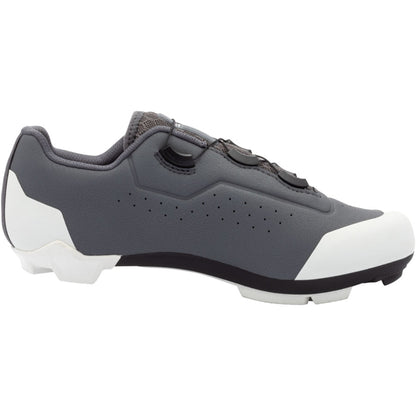 Women’s dark gray clipless cycling shoe with white side panel and black strap buckles
